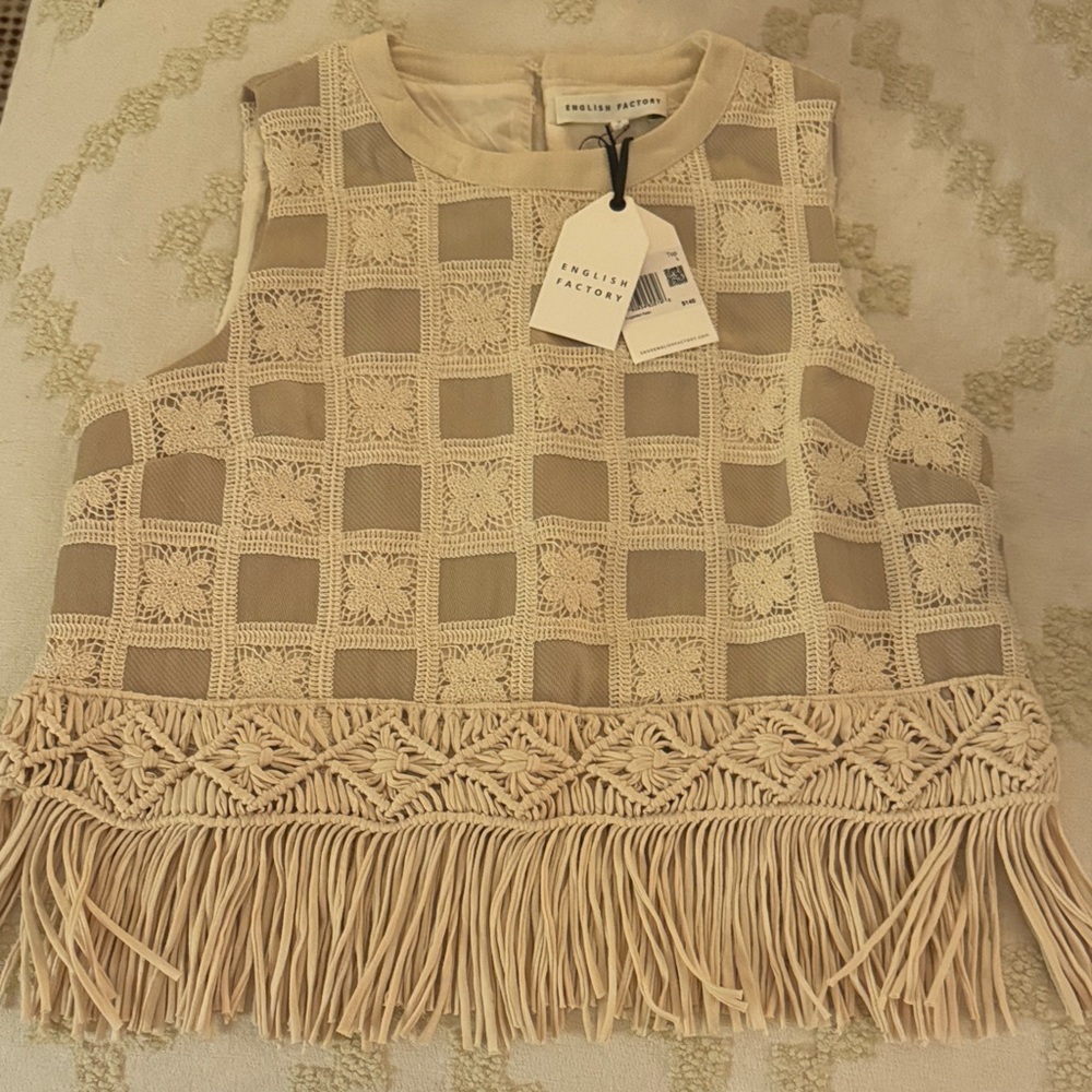 English Factory Beige Crochet Fringe Top